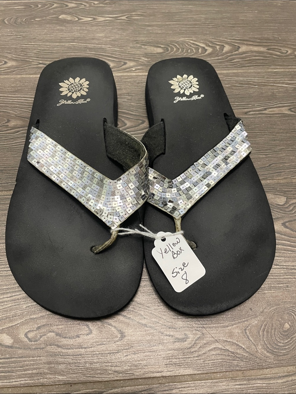 Yellow Box Black Sandal Flip-Flops with Silver Sequin Straps